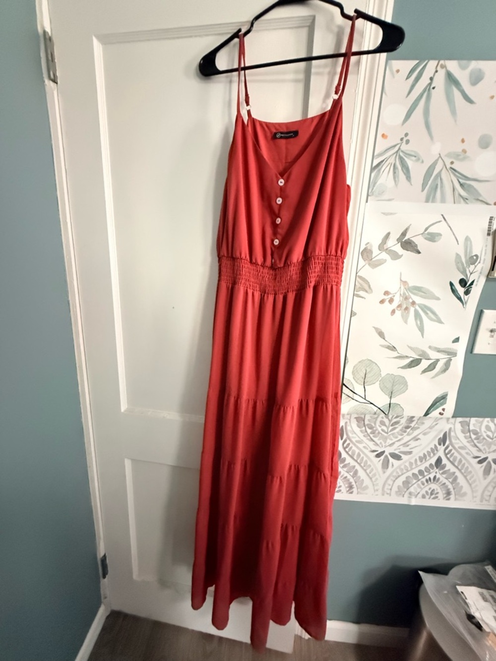 Women’s Coral Red Maxi Dress with Smocked Waist and Buttons